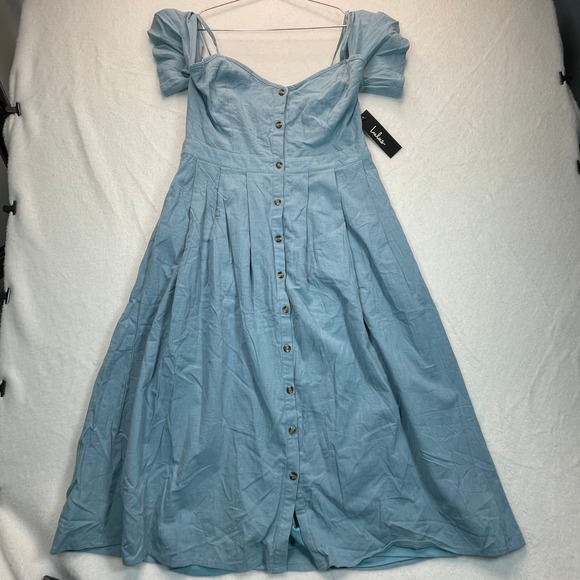 Lulus Dresses & Skirts - Lulus Midi Dress M Blue Peasant Milkmaid NWT Cottagecore Ruffle Boho Cotton